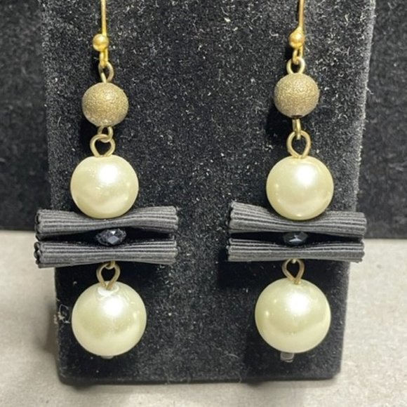 Chicos Faux Pearl and Black Ribbon, Gold Encrusted Bead Dangle Earrings - Picture 1 of 4